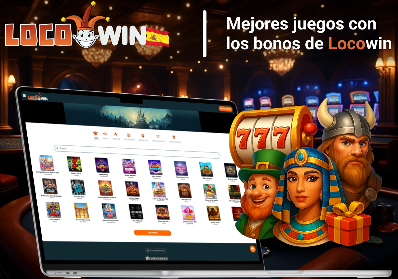 Catálogo de juegos de Locowin en un portátil acompañado de personajes de tragaperras y un tambor 777